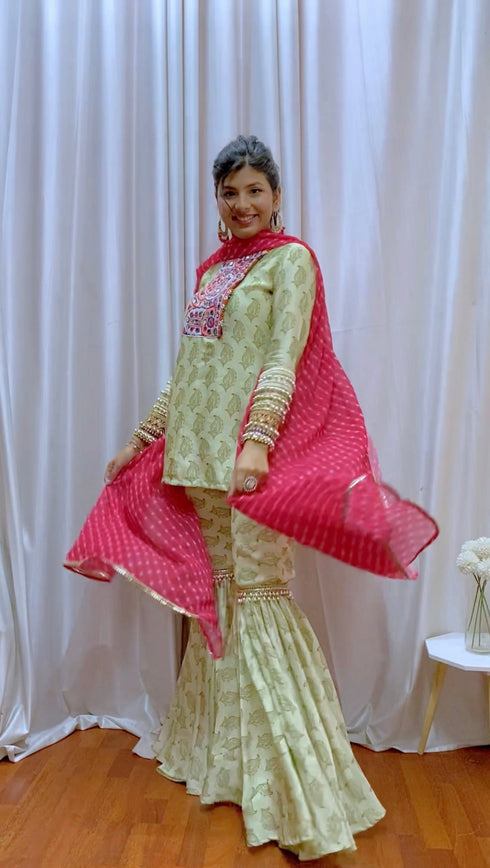 Kzari Green Printed Kurta Sharara Set with Bandhani Dupatta and Exquisite Mirror Work